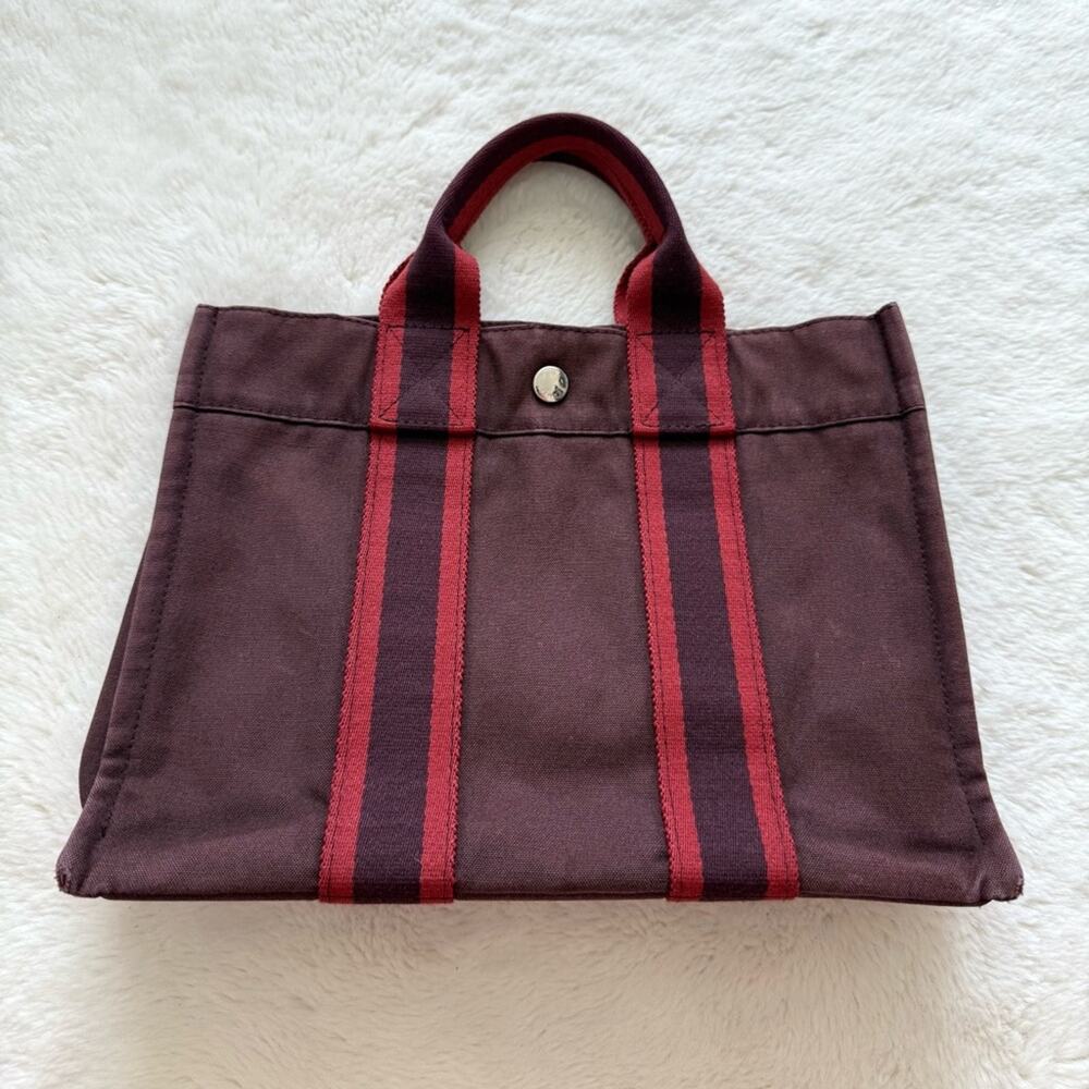 Hermès Fourre Tout Burgundy Canvas Tote Bag Authentic